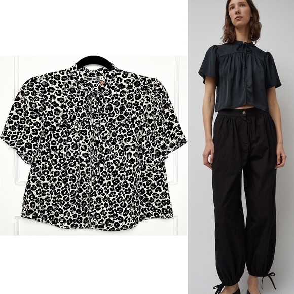 NWT CIAO LUCIA Leopard Short Sleeve Gathered Front Yoke Tie High Neck Crop Top S - Picture 2 of 10